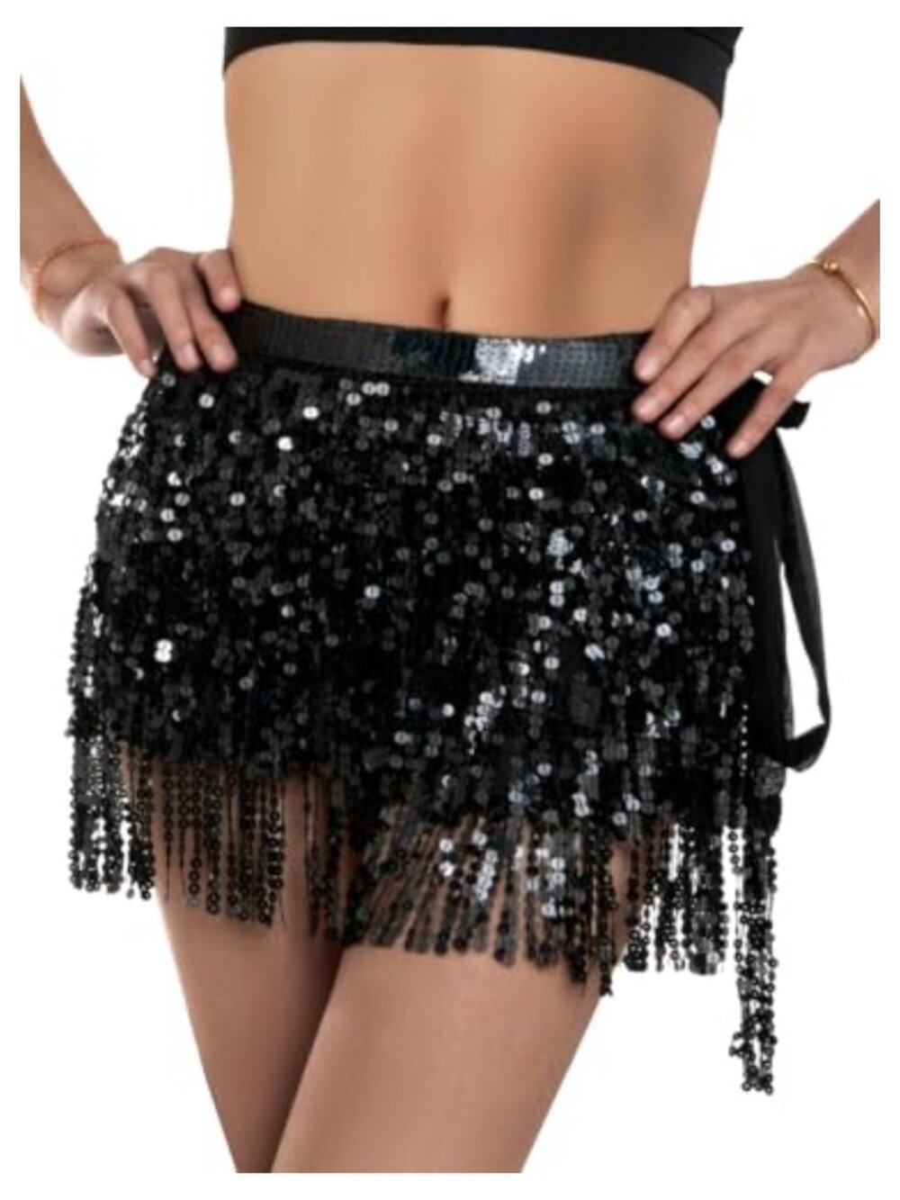 Women's Sequin Fringe Dance Skirt Multilayer Sparkly Chiffon Party Performance